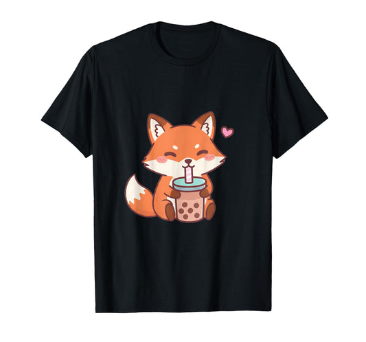 Cute Fox Kawaii Anime Drinking Bubble Tea Lover Girls T-Shirt