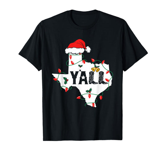 Merry Christmas Y'all Texas Map Santa Hat Lights T-Shirt