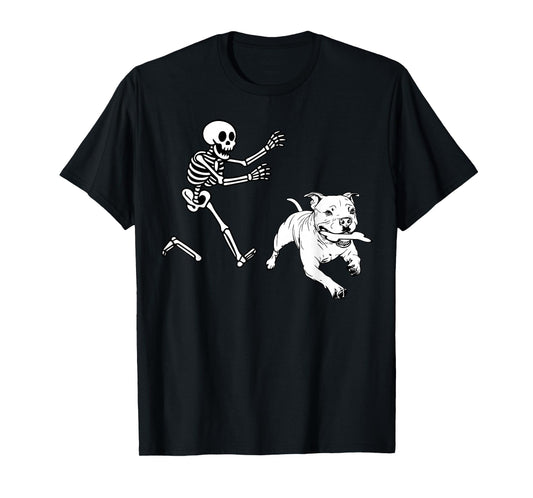 Funny American Bulldog Running Skeleton Halloween T-Shirt