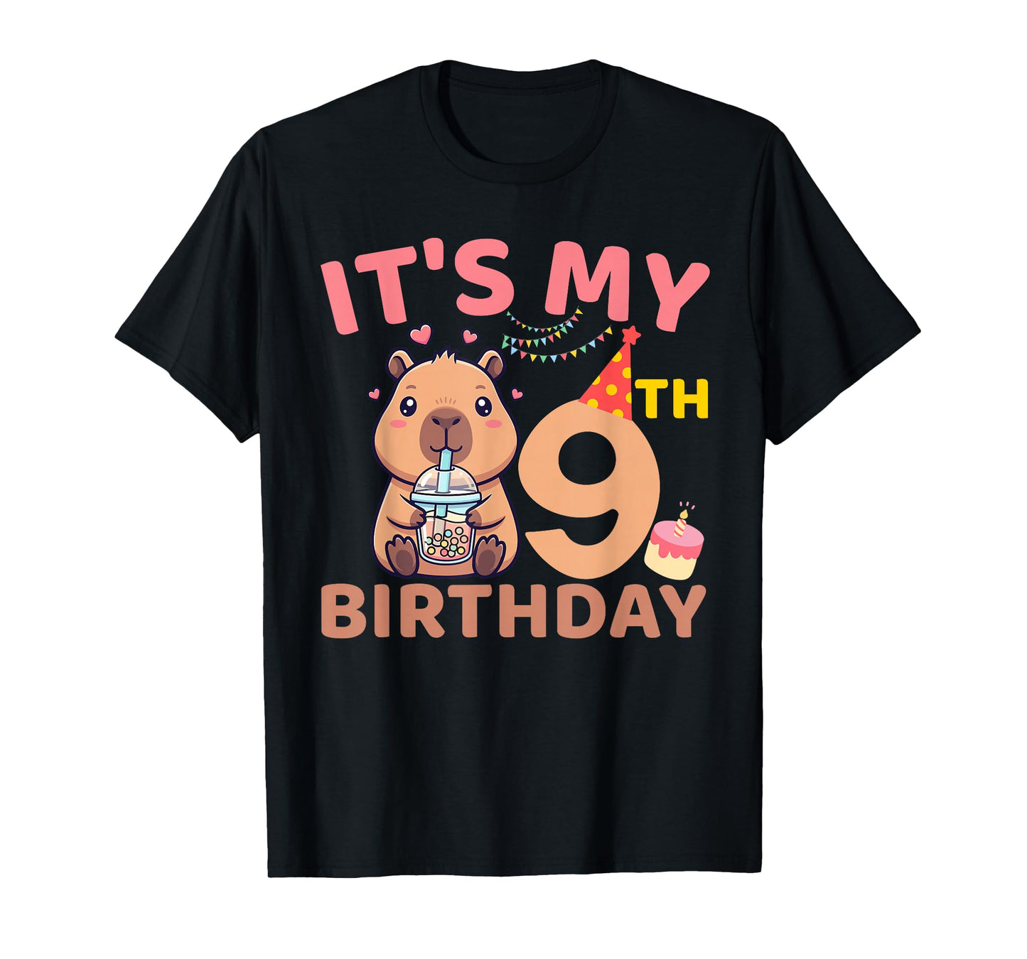 It's My 9th Birthday Capybara Bubble Tea 9 Years Old Party T-Shirt