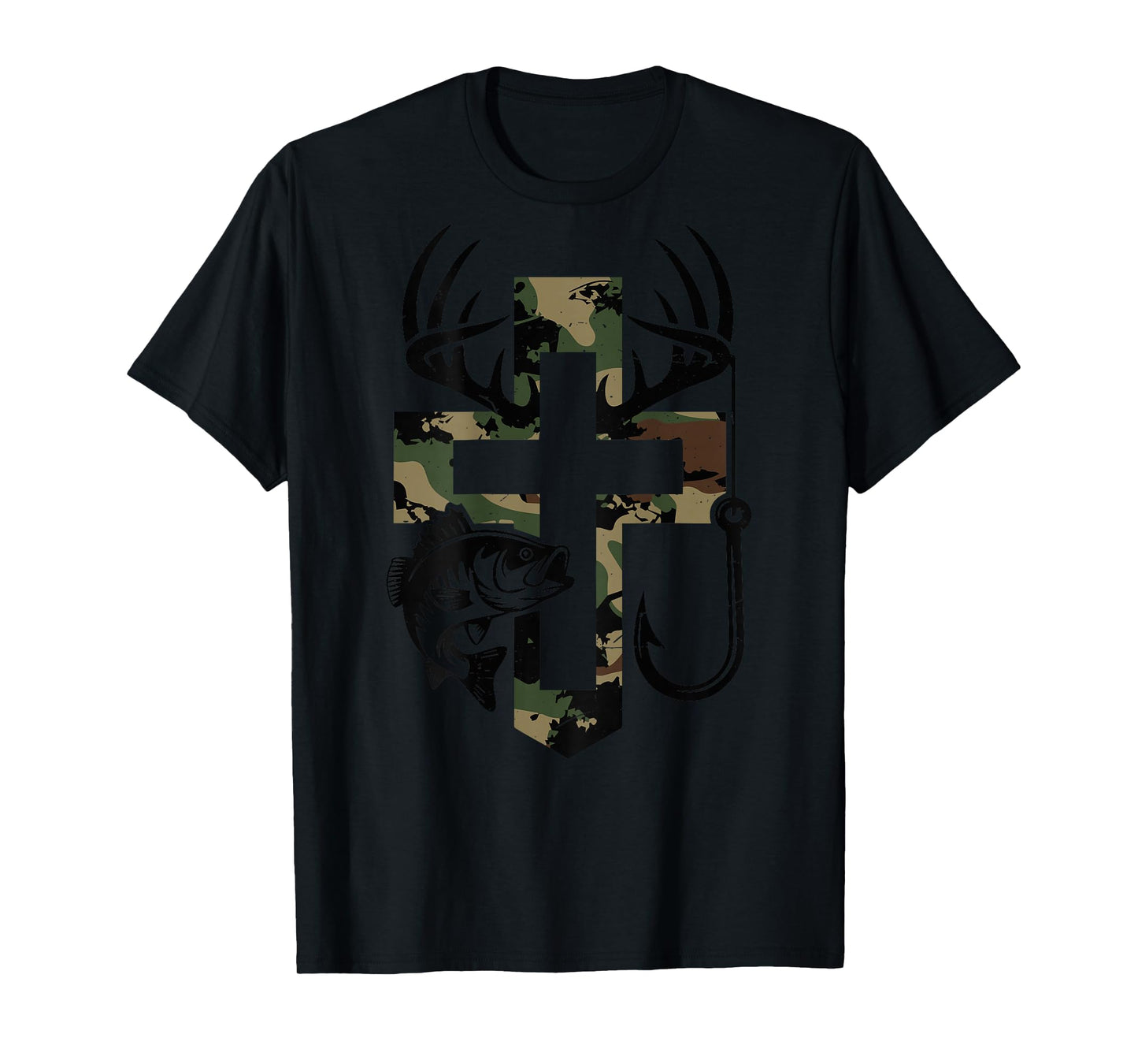 Youth Camo Faith Hunting Fishing Cross Hook Christian Jesus T-Shirt