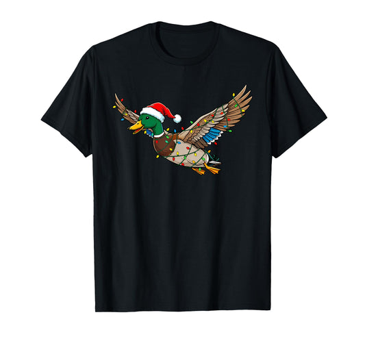 Funny Flying Santa Duck Christmas Lights Animal Xmas Hunting T-Shirt