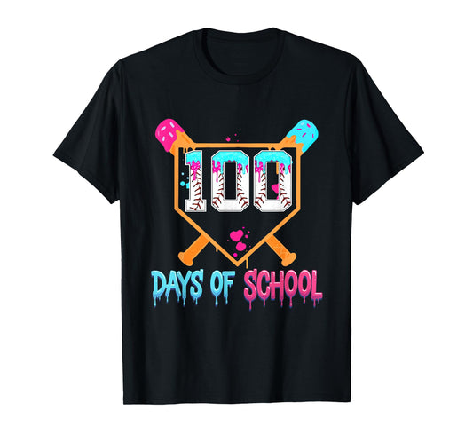 100 Days of School Baseball Ice Cream Drip 100th Day School T-Shirt