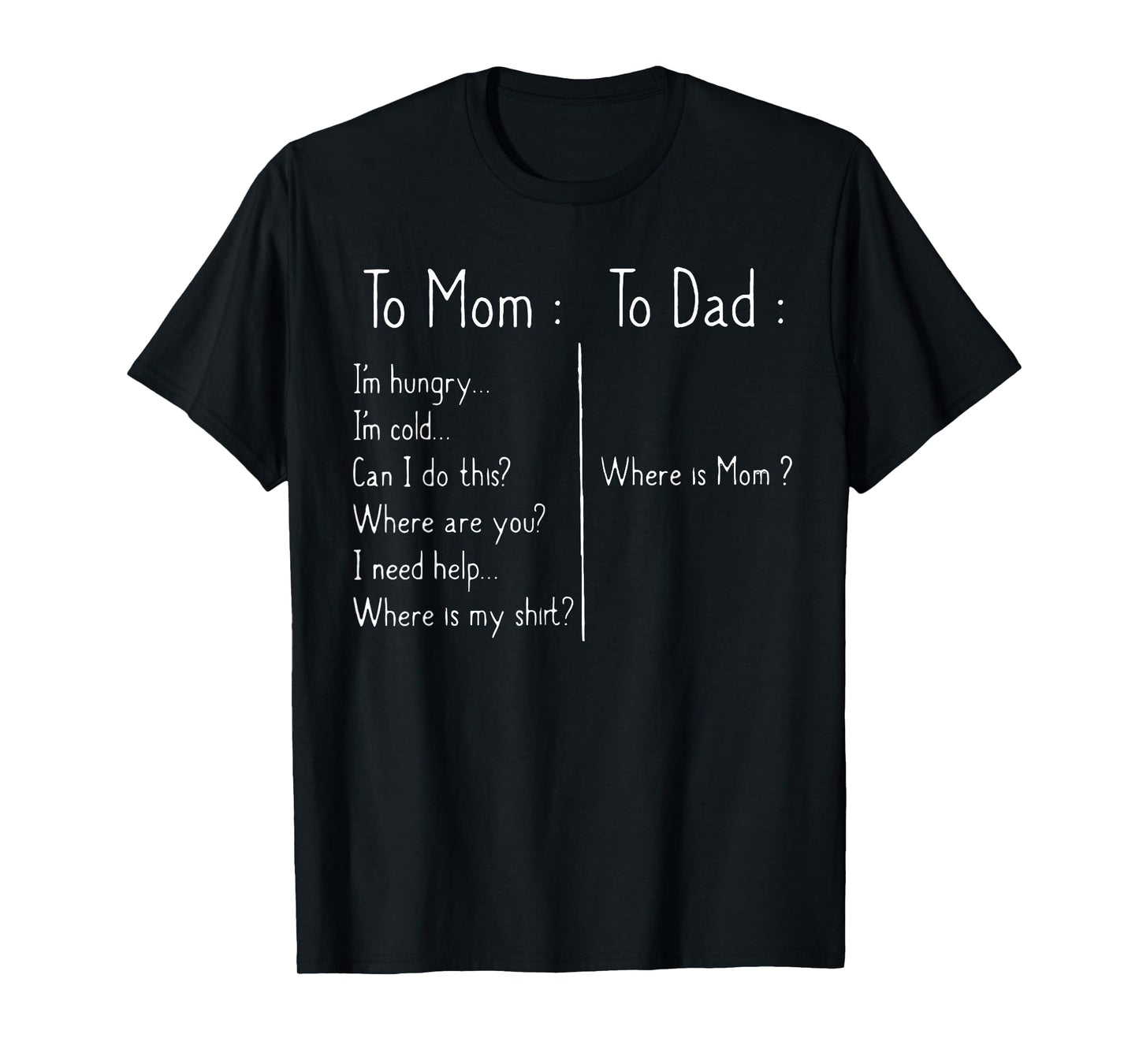 to Mom I'm Hungry I'm Hot I'm Cold to Dad Where is Mom Funny T-Shirt