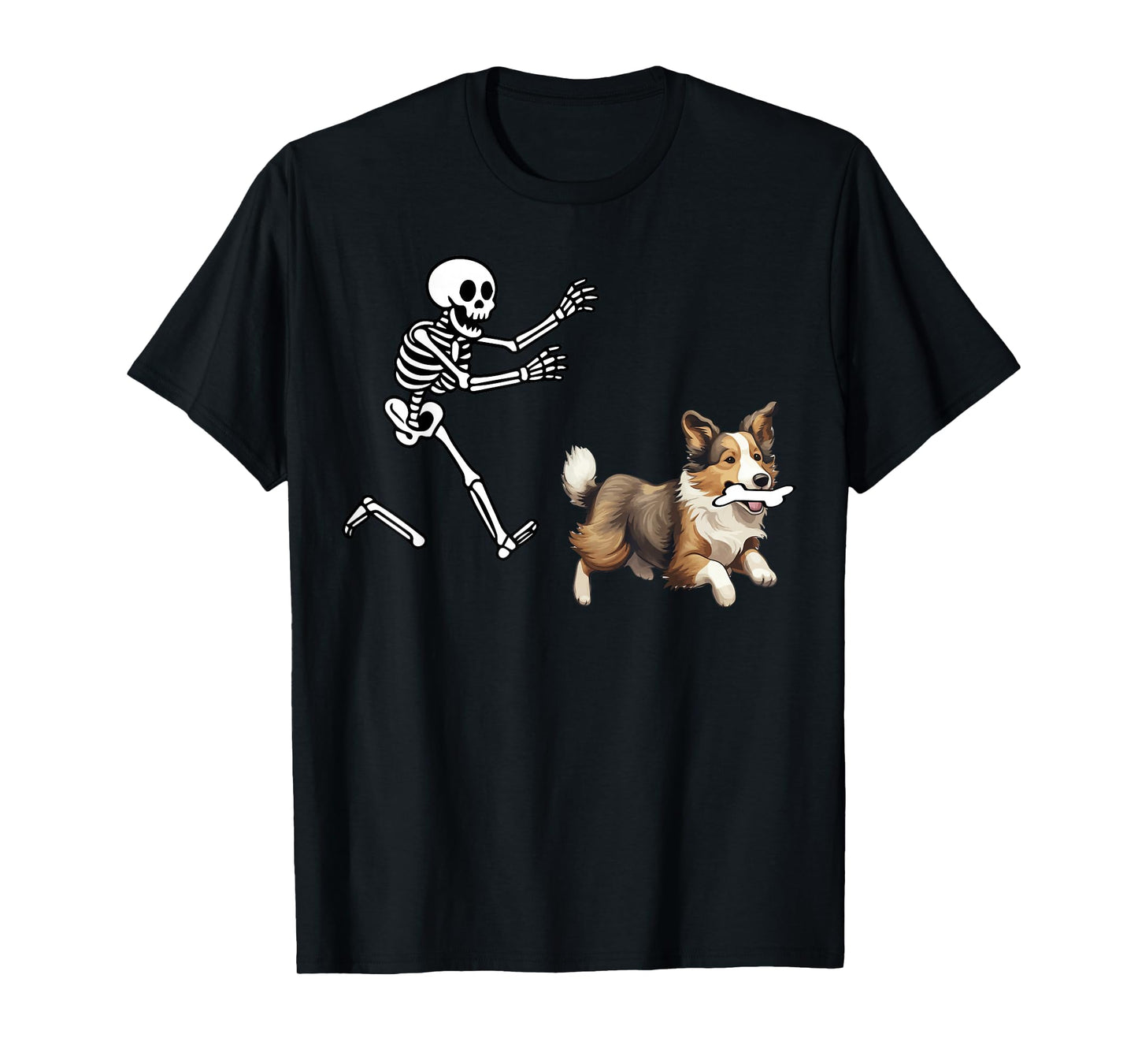 Funny Sheltie Running Skeleton Halloween T-Shirt