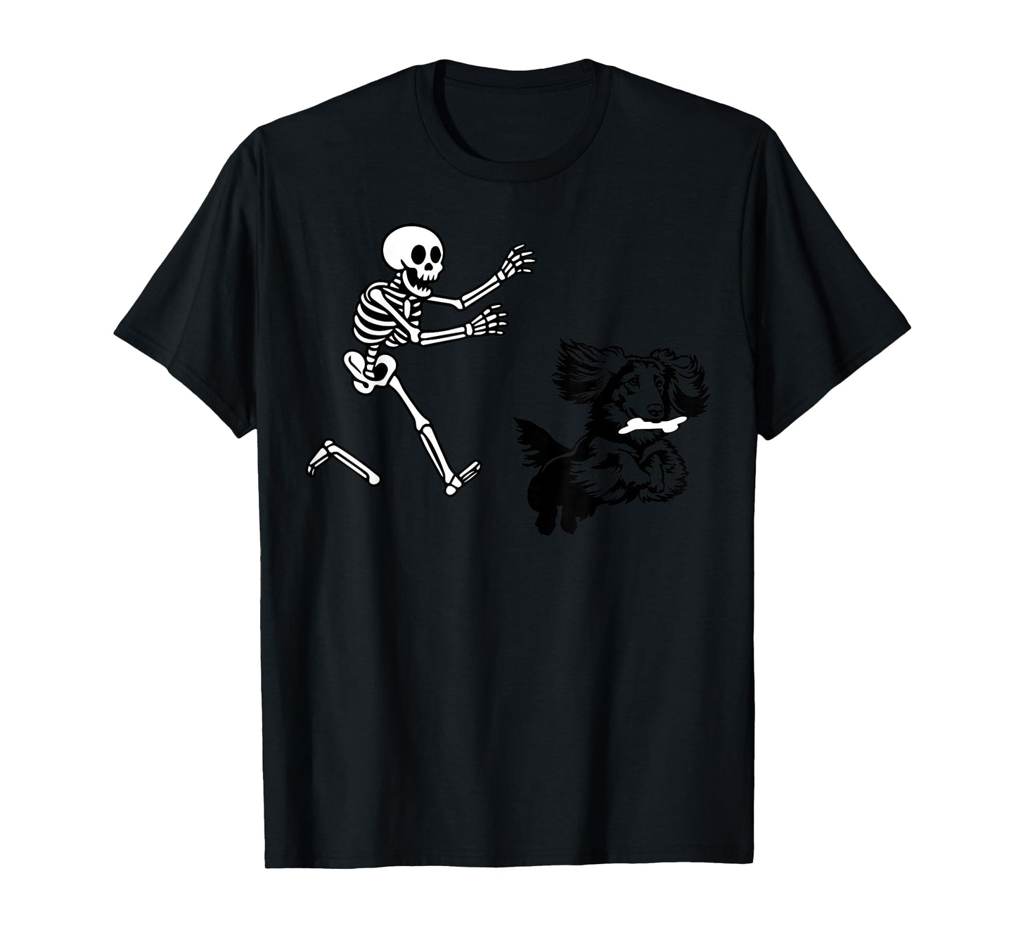 Funny Long haired Dachshund Running Skeleton Halloween T-Shirt