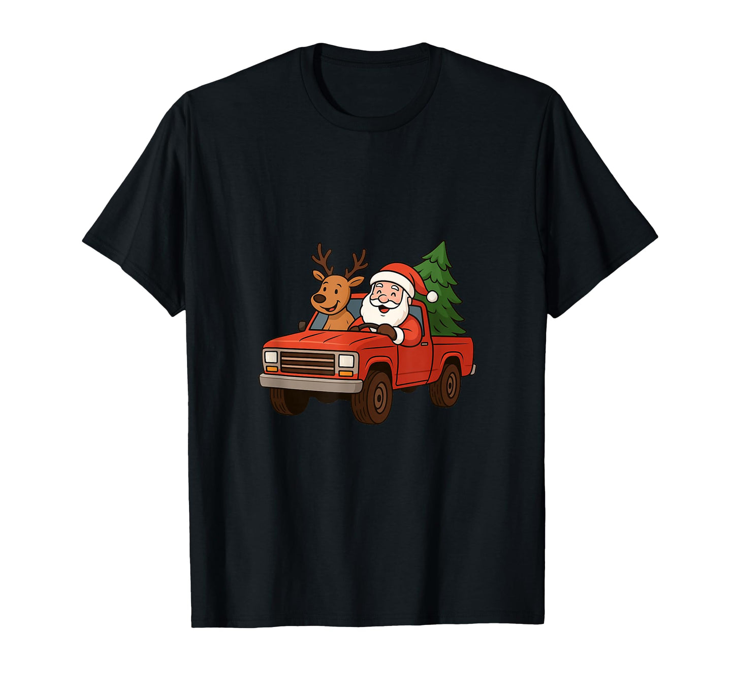 Red Christmas Truck Santa Claus and Reindeer Cartoon T-Shirt