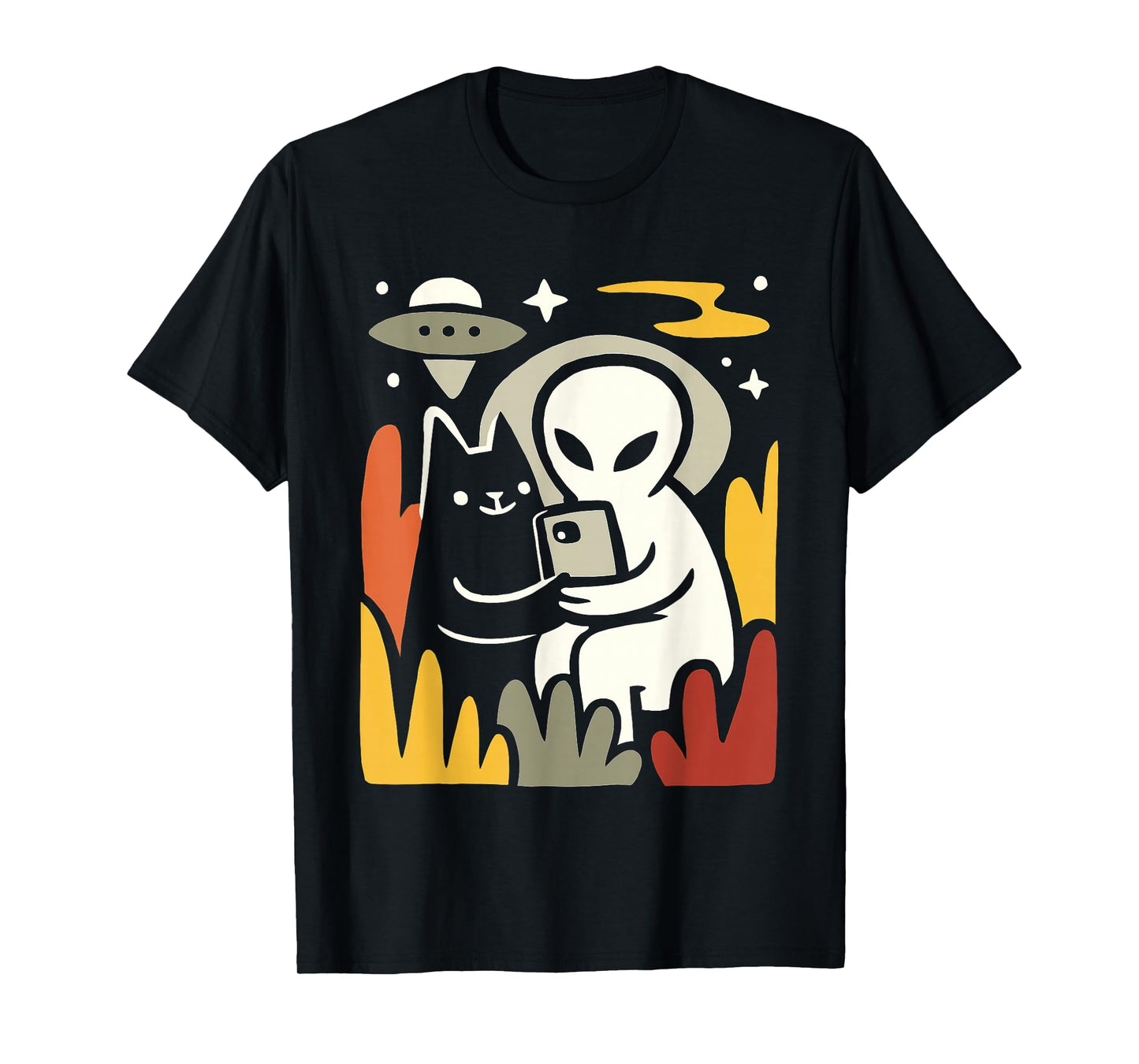 Alien and Cat Selfie Art – Funny UFO Space Illustration T-Shirt
