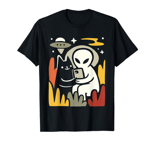 Alien and Cat Selfie Art – Funny UFO Space Illustration T-Shirt