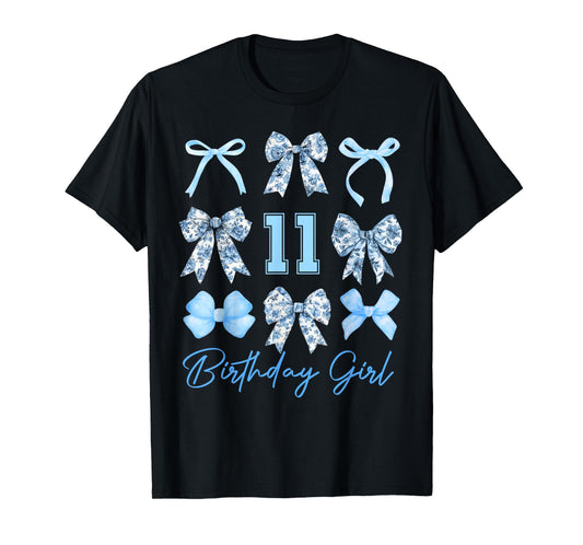 11th Birthday Girl Blue Toile Coquette Bow 11 Year Old T-Shirt