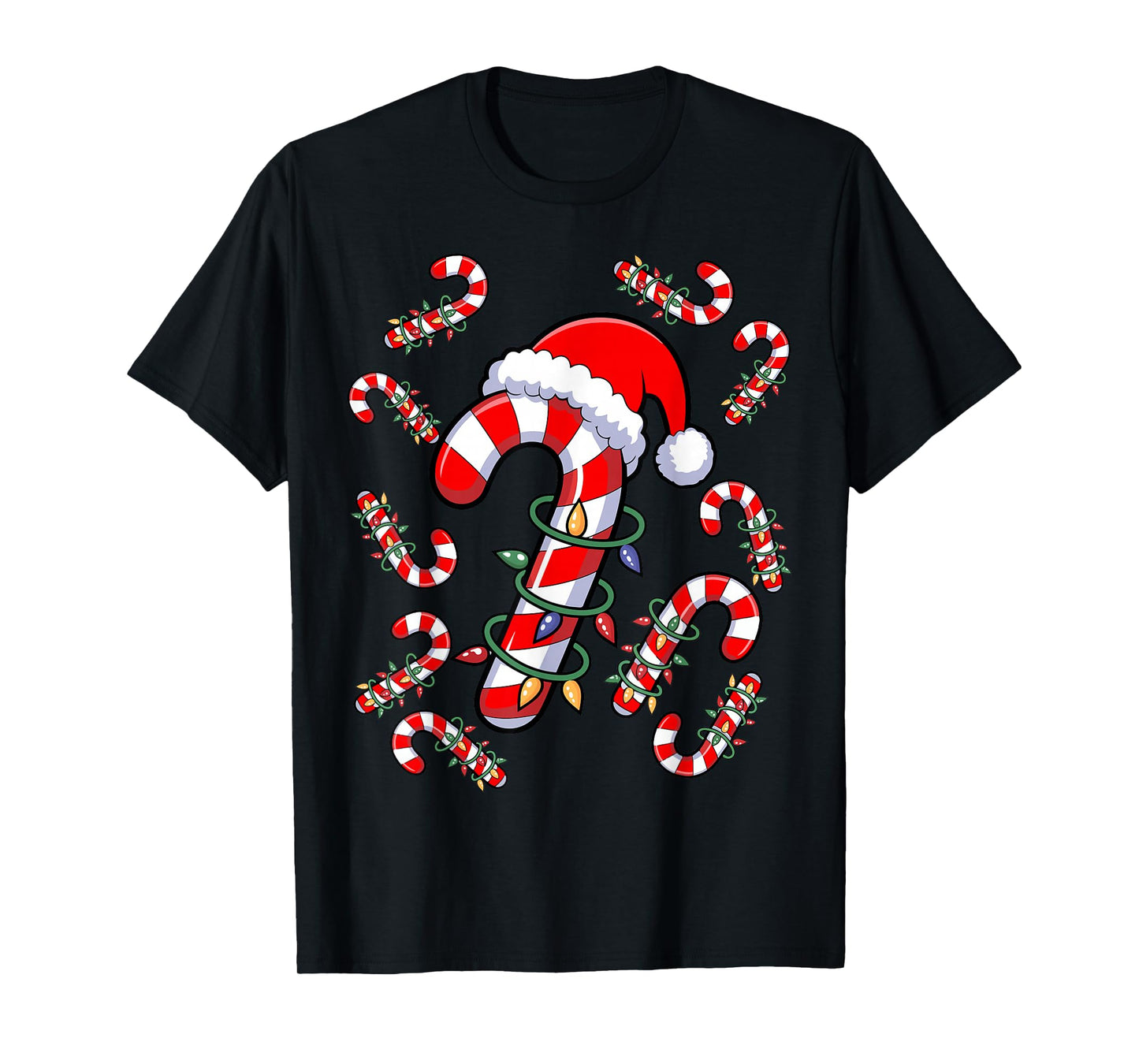 Red and White Candy Cane Santa Christmas Xmas Lights T-Shirt