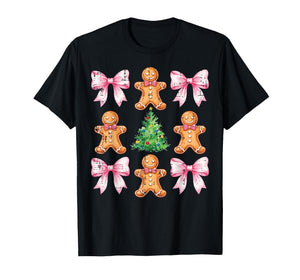 Christmas Tree Gingerbread Man Bow Pattern Xmas Girls Kids T-Shirt
