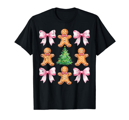 Christmas Tree Gingerbread Man Bow Pattern Xmas Girls Kids T-Shirt