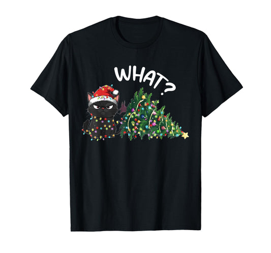 Funny Black Cat Christmas Tree Merry Xmas Humor Cat What? T-Shirt