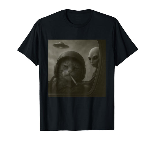 Cat Smoking Cigarette Alien Pilot Funny Meme Cat T-Shirt