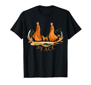 Peace Walking Monks & Dog Minimalist Zen Art T-Shirt