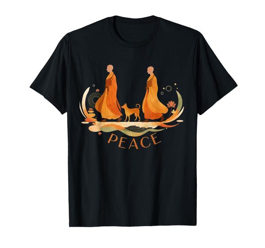 Peace Walking Monks & Dog Minimalist Zen Art T-Shirt