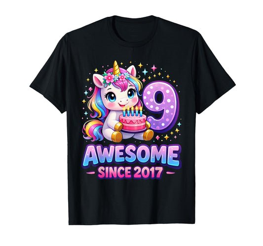 9 Year Old Girl Awesome Since 2017 Unicorn 9th Birthday Girl T-Shirt