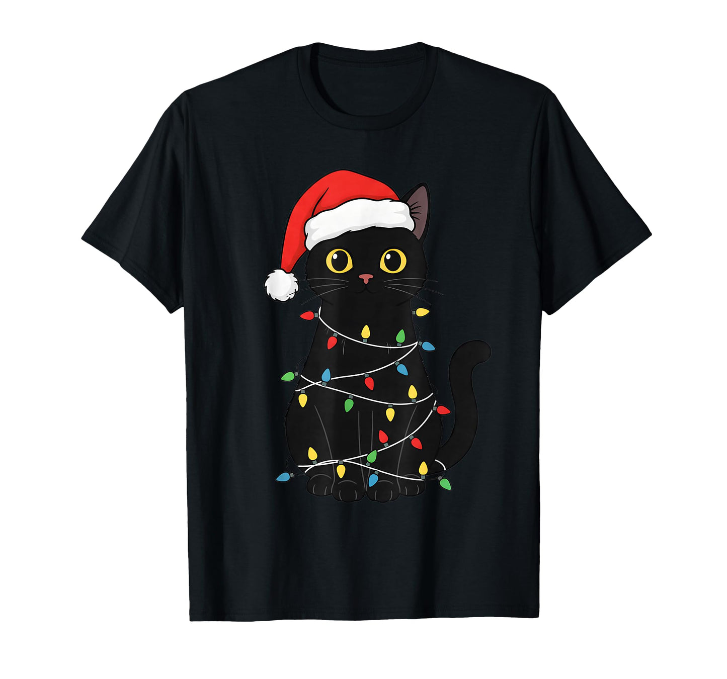 Funny Festive Black Cat Christmas Light Tangle Humor T-Shirt