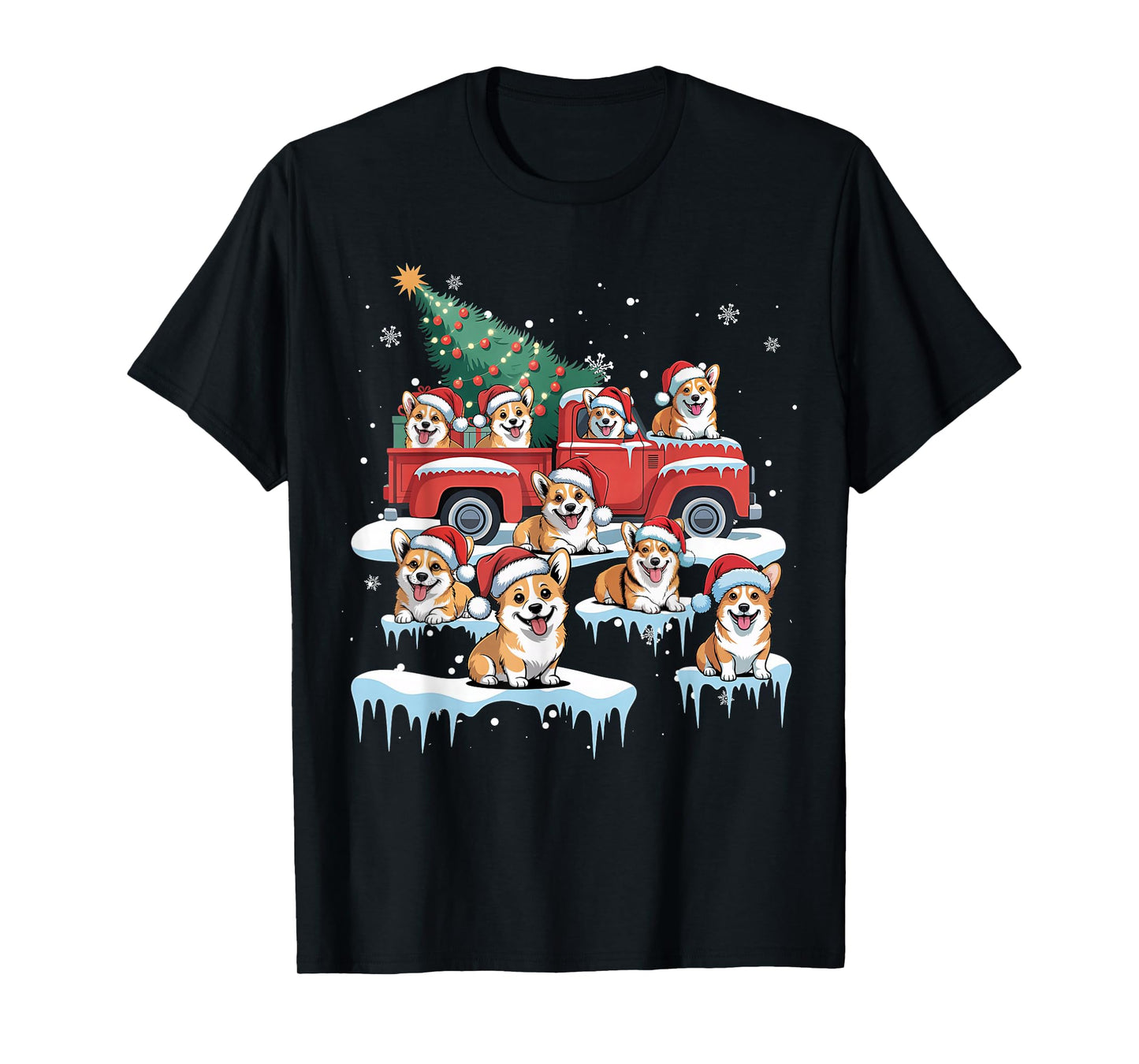 Corgi Dog Riding Red Truck Ugly Sweater Merry Christmas T-Shirt