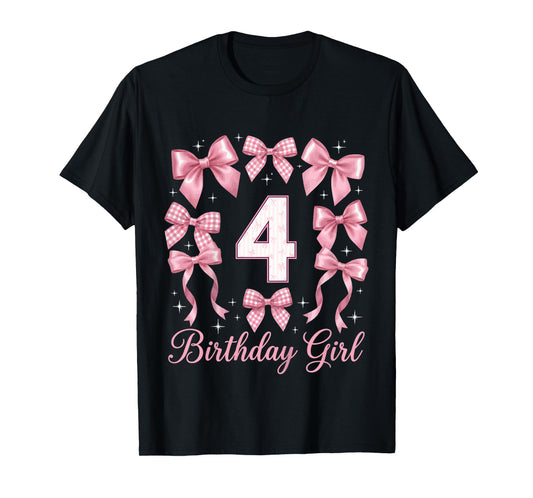 Kids 4th Birthday Shirt Girl Coquette Bow Kids Four 4 Year Old T-Shirt
