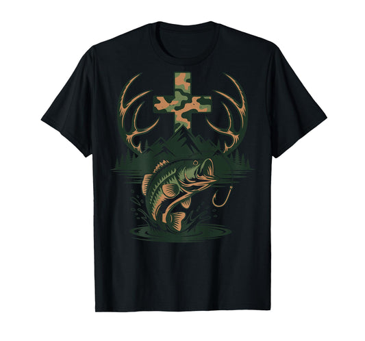 Youth Camo Faith Hunting Fishing Cross Fisherman Christian T-Shirt