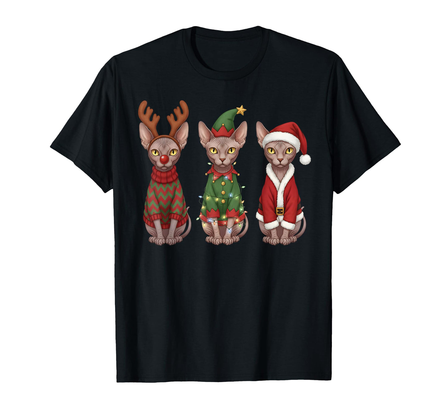 Retro Christmas Sphynx Cat Santa Reindeer T-Shirt