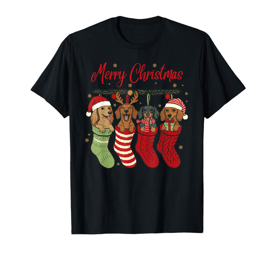 Merry Christmas Dachshund Dogs Santa Hat in Stockings T-Shirt