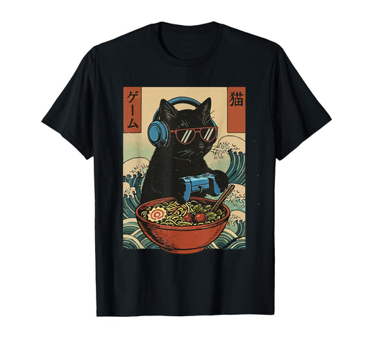 Cute Kawaii Gamer Cat Funny Ramen Retro Japanese Cat Gaming T-Shirt