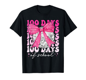 Retro 100 Days of School Coquette Bow Disco Ball Girls Women T-Shirt