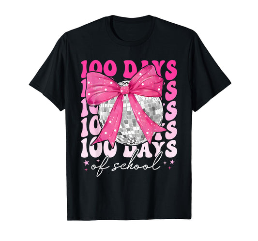 Retro 100 Days of School Coquette Bow Disco Ball Girls Women T-Shirt