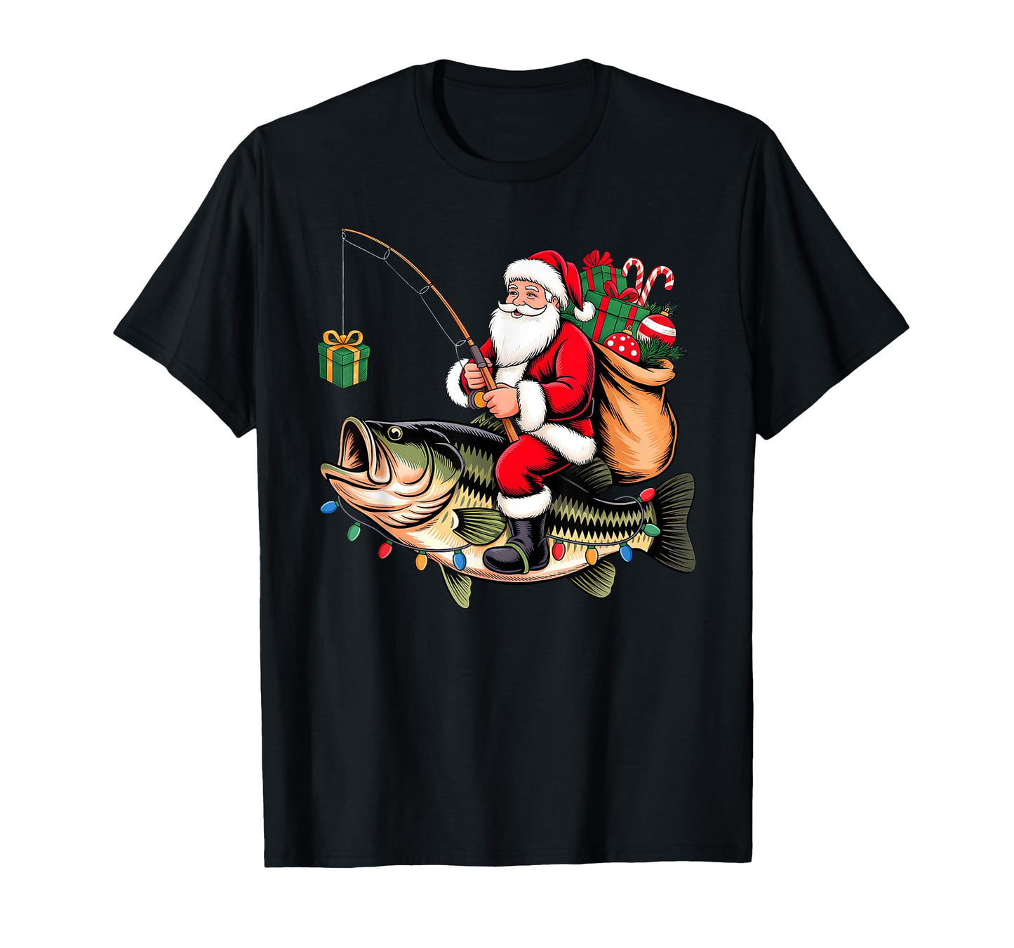 Santa Riding Bass Fish Christmas Fishing Funny Xmas Pajamas T-Shirt
