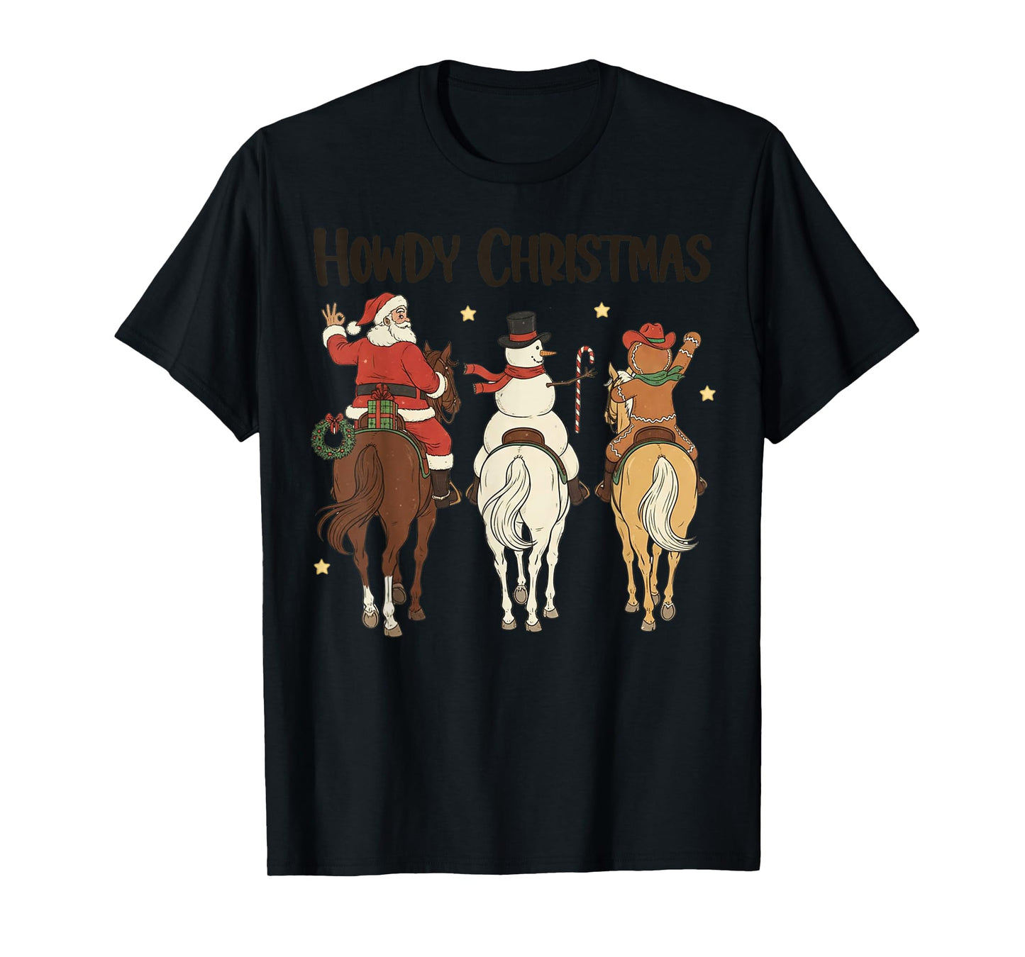 Retro Howdy Christmas Santa Snowman Gingerbread Riding Horse T-Shirt