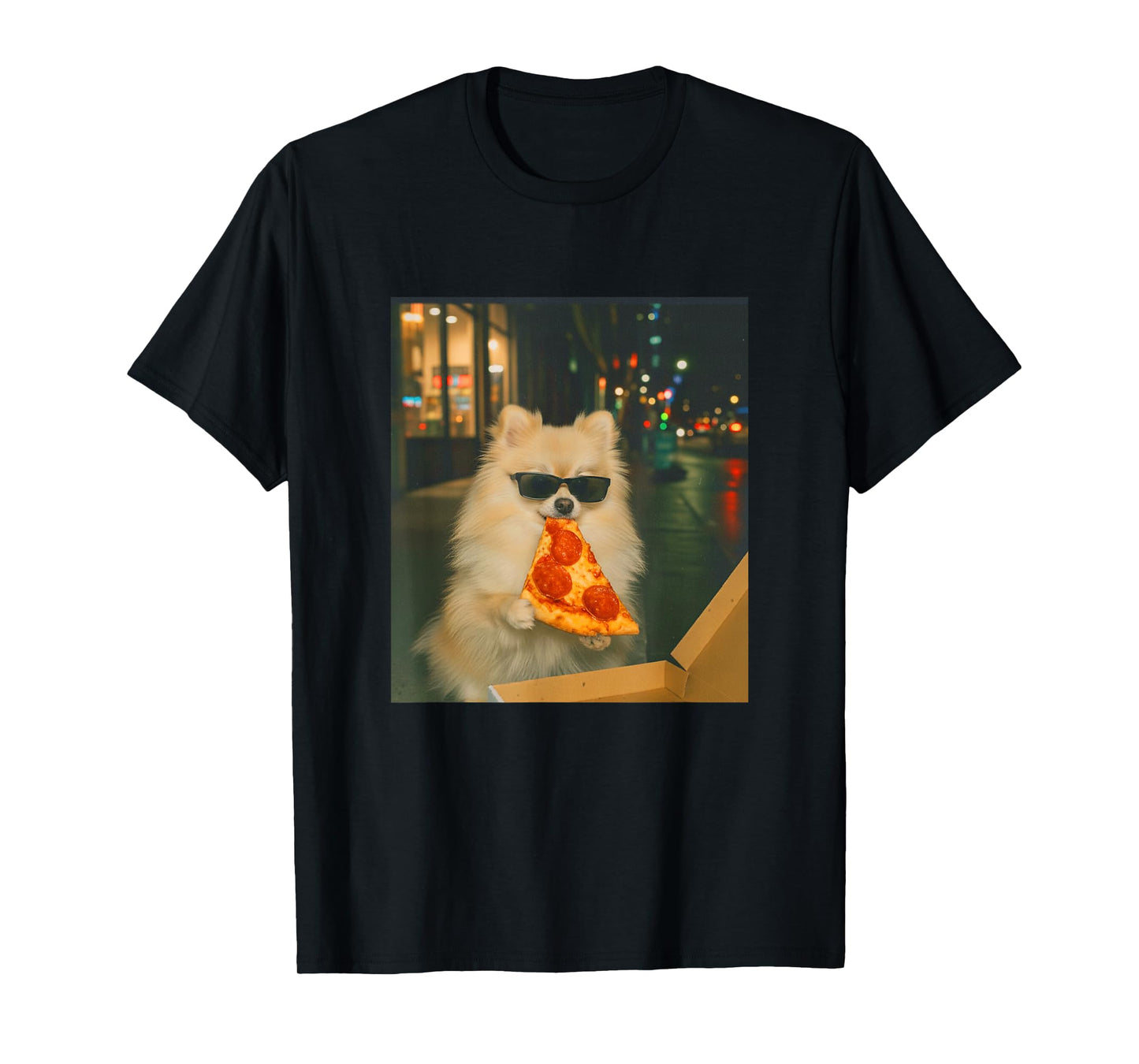 Funny Pomeranian Dog Eating Pizza Meme Retro T-Shirt