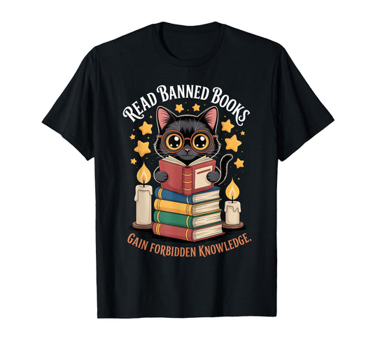 Read Banned Books Gain Forbidden Knowledge Cute Cat Reader T-Shirt