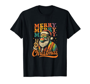 Merry Christmas Retro Holiday Vibes Santa Peace Sign Groovy T-Shirt