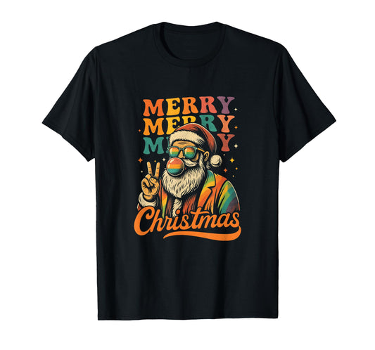 Merry Christmas Retro Holiday Vibes Santa Peace Sign Groovy T-Shirt