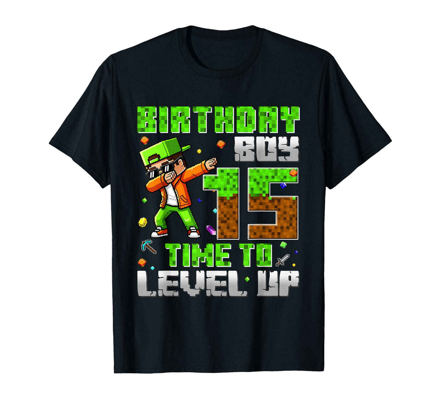 Pixel Game Dabbing Birthday Boy 15 Years Time to Level Up T-Shirt