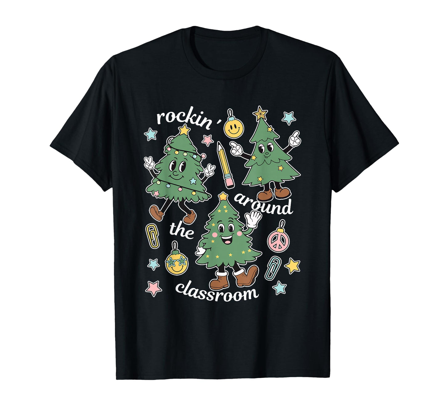 Retro Teacher Christmas Rockin' Around The Classroom Womens T-Shirt