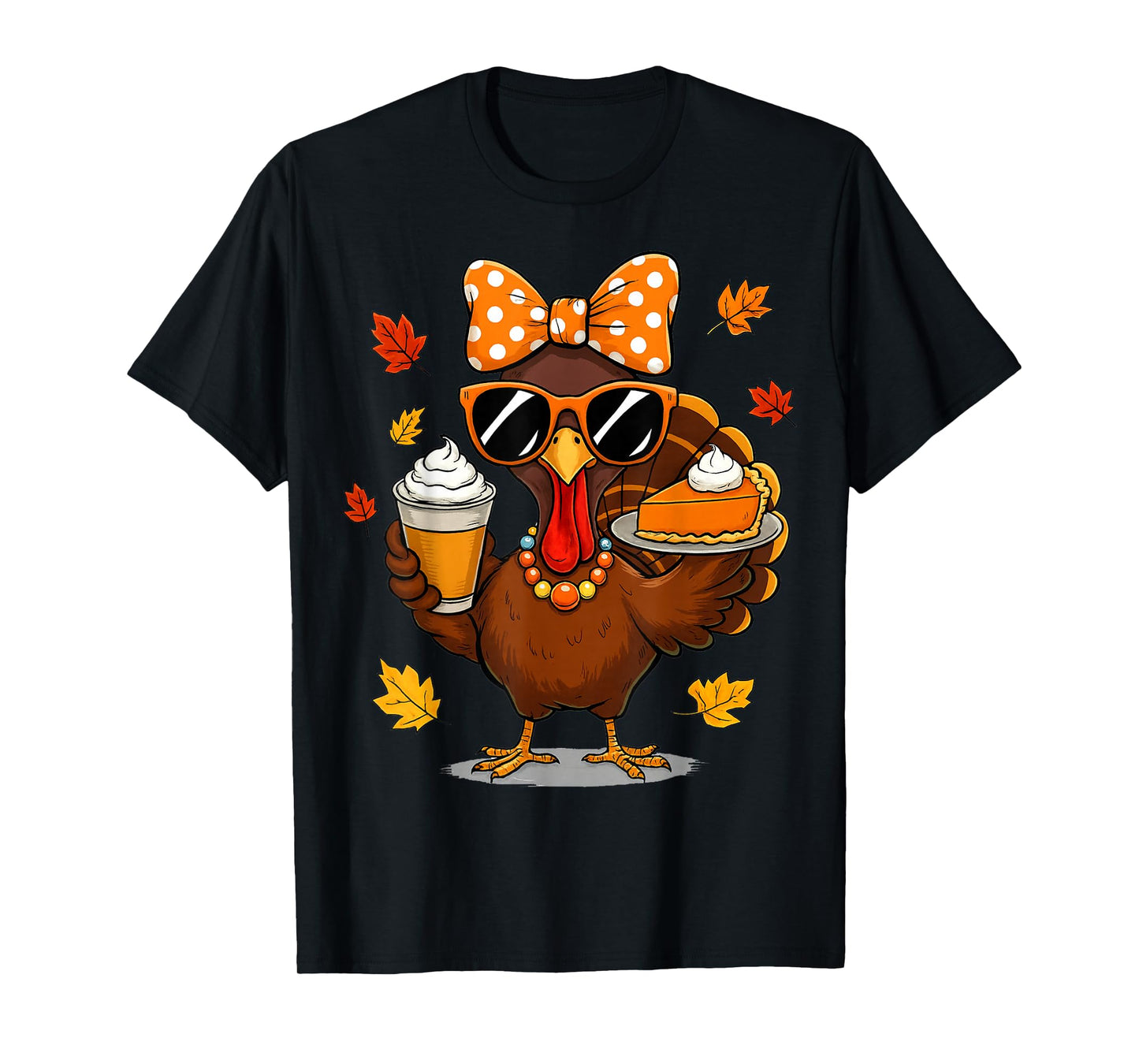 Turkey Drinking Coffee Bow Thanksgiving Womens Turkey Day T-Shirt