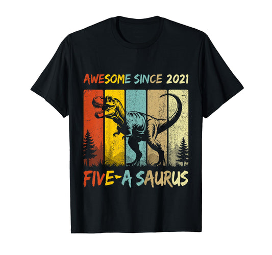 Kids 5 Year Old Dinosaur 5th Birthday Five Saurus Boys Born 2021 T-Shirt
