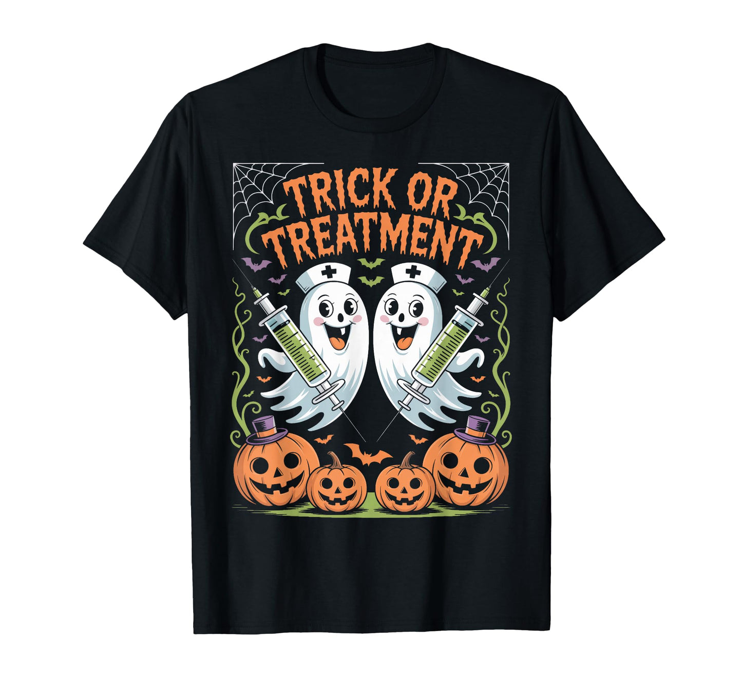 Trick Or Treatment Pumpkin Spider Nurse Halloween Fun T-Shirt