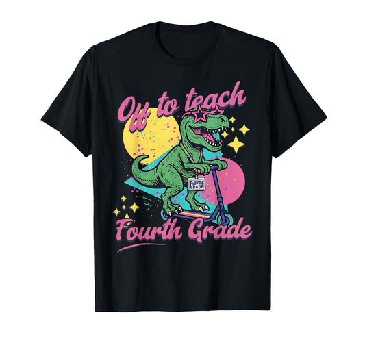 Off to Teach Fourth Grade Retro Dinosaur Scooter Teacher 4th T-Shirt