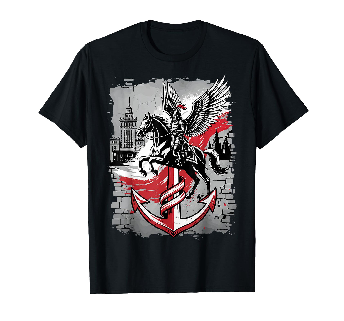 Winged Hussar Polish Anchor PW Symbol Warsaw Skyline Art T-Shirt