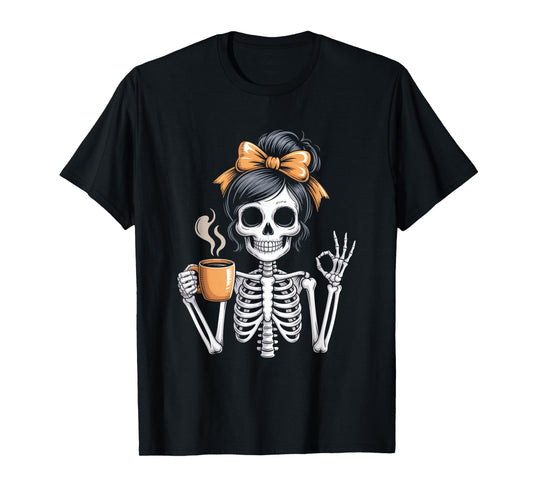 Halloween Skeleton Messy Bun Coffee Funny Costume Mom Women T-Shirt