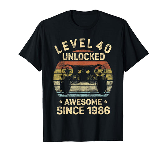 Level 40 Unlocked Awesome Since 1986 40th Birthday Gaming T-Shirt