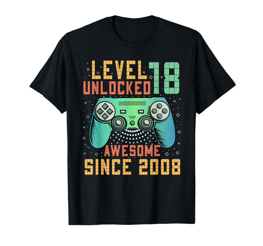 Level 18 Unlocked Awesome Since 2008 18th Birthday Boy T-Shirt