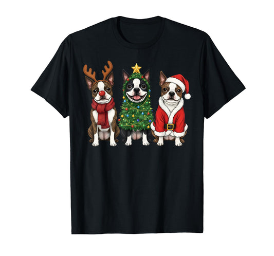 Retro Christmas Boston Terrier Santa Reindeer Dog Lover T-Shirt