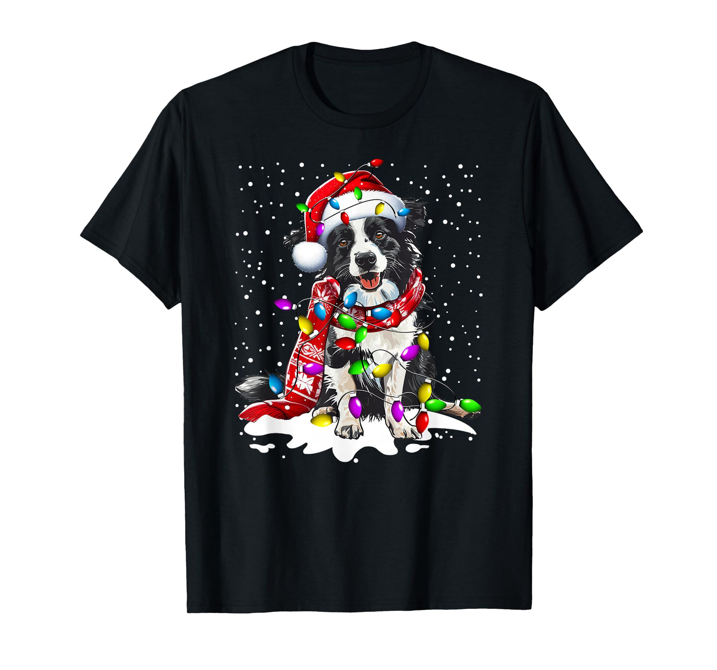 Border Collie Dog Lighting Xmas Santa Hat Christmas T-Shirt