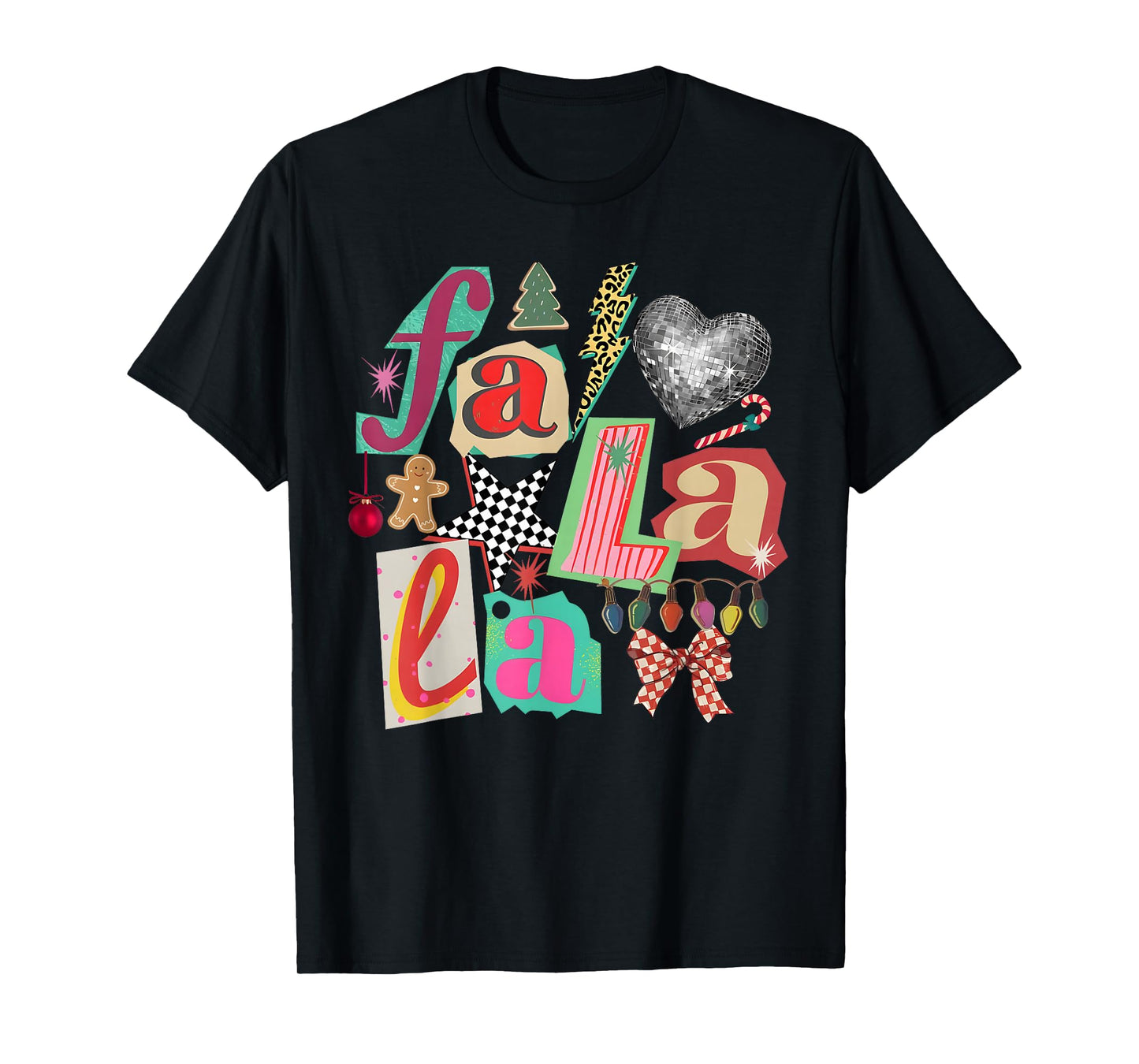 FA La La Retro Christmas Lights Disco Ball Gingerbread Tree T-Shirt